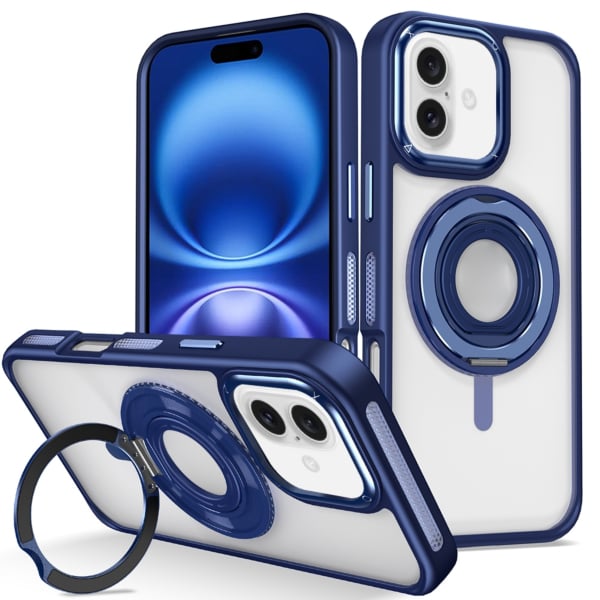 Skin Feel Transparent Case w/ Silicone Ring Holder - DARK BLUE for iPhone 16 