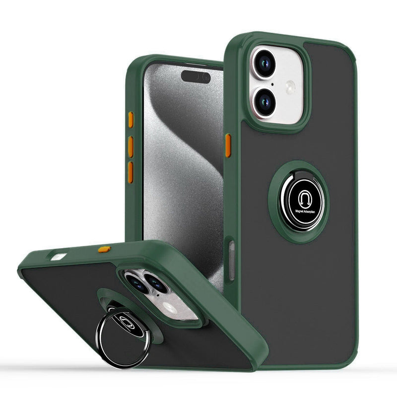 Hard PC Rear / Soft TPU Colorful Border Case with I-ring Holder - DARK GREEN for iPhone 16