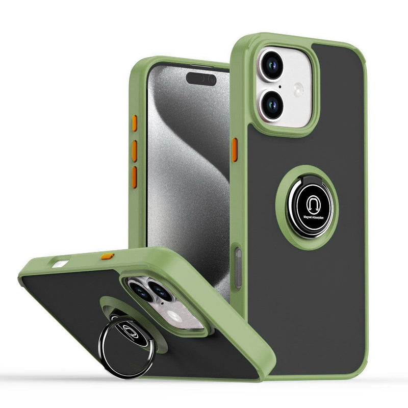 Hard PC Rear / Soft TPU Colorful Border Case with I-ring Holder - NAVY GREEN for iPhone 16