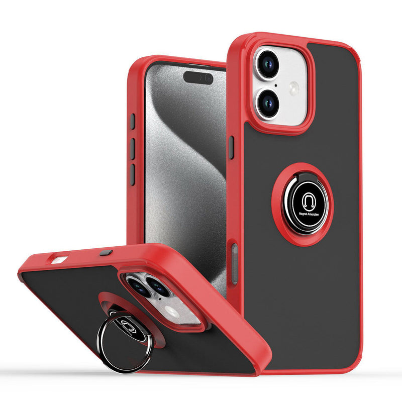 Hard PC Rear / Soft TPU Colorful Border Case with I-ring Holder - RED for iPhone 16 