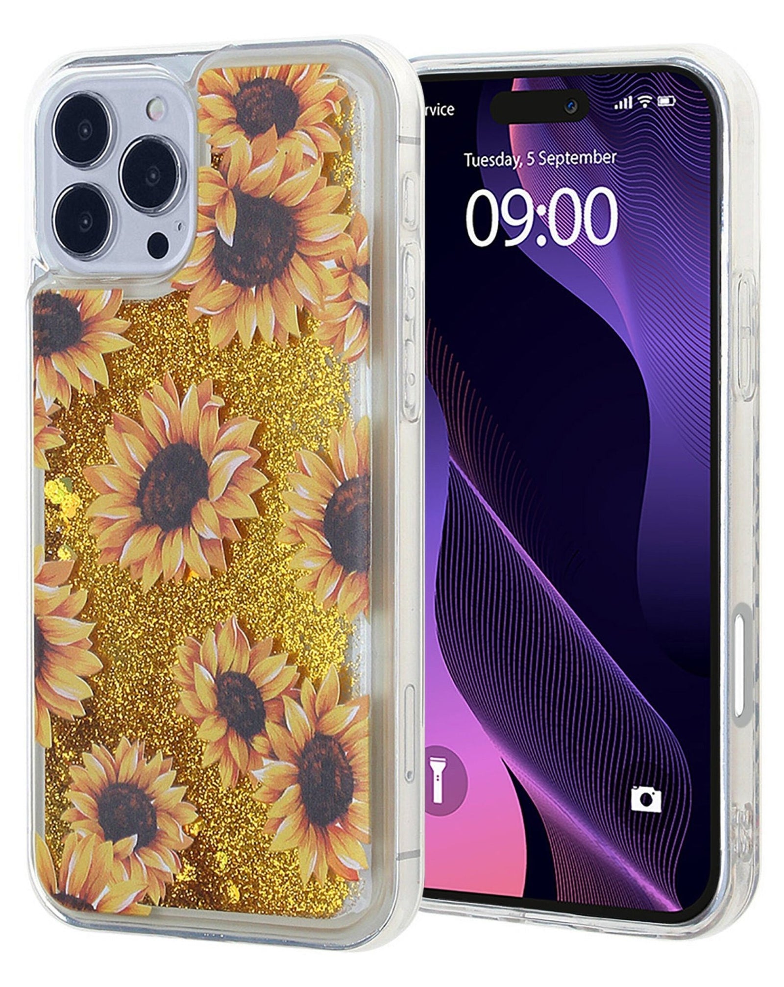 LeYi Cover Per IPhone 16 Con Glitter E Vetro Temperato - Rigida Trasparente Effetto Sabbie Mobili Viola E Blu - 2