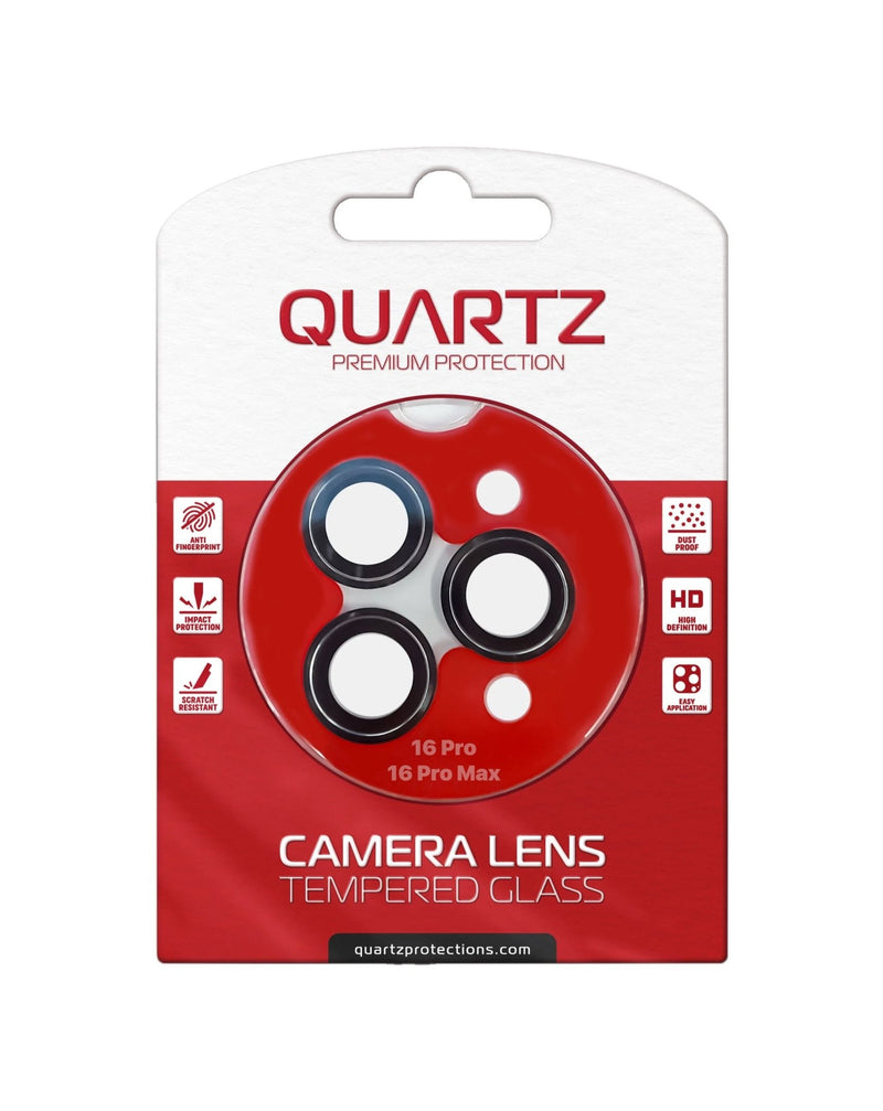 QUARTZ HD Tempered Glass with Metal Ring for iPhone 16 Pro / 16 Pro Max Back Camera (BLACK) - Banana Cellular Solutions