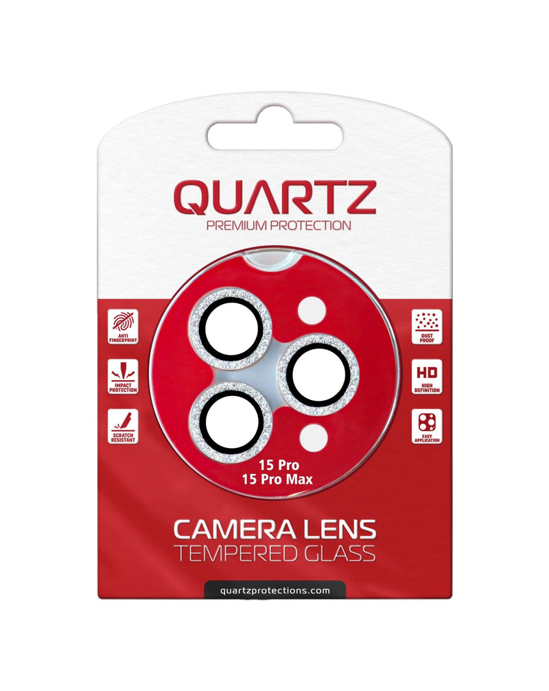 QUARTZ HD Tempered Glass (WHITE) with Glitter Diamond Camera Lens for iPhone 15 Pro / 15 Pro Max Back Camera - Banana Cellular Solutions