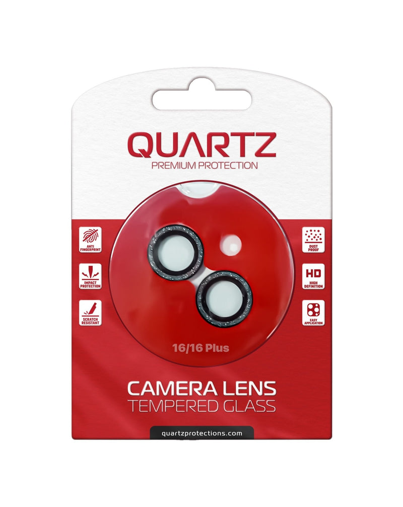 QUARTZ HD Tempered Glass (BLACK) for iPhone 16 / 16 Plus Back Camera with Glitter Diamond Camera Lens - Banana Cellular Solutions