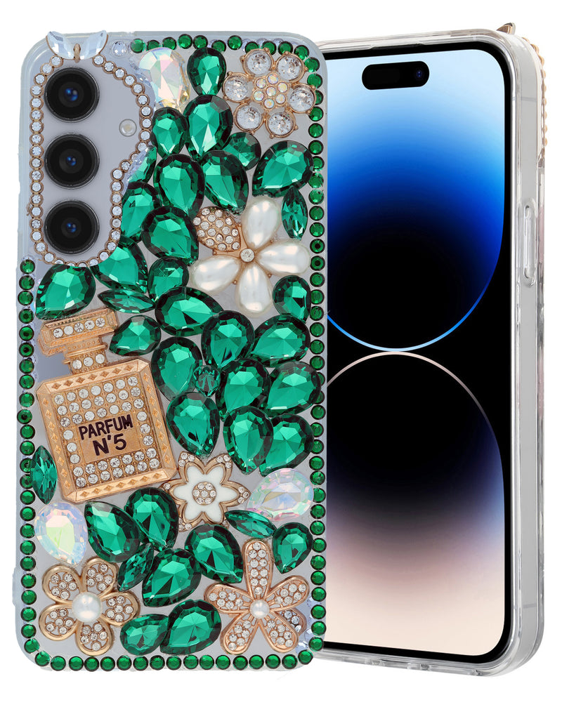 Crystal Flower Perfume Silicone Hard Case - GREEN for Galaxy S24 FE Ultra (Only Ground Shipping)