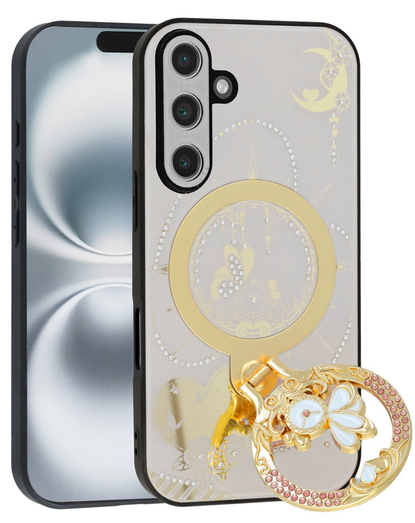 Wireless Charging Luxury Diamond Shiny Cases with Ring for Galaxy S25FE (WHITE) (Only Ground Shipping) - Banana Cellular Solutions