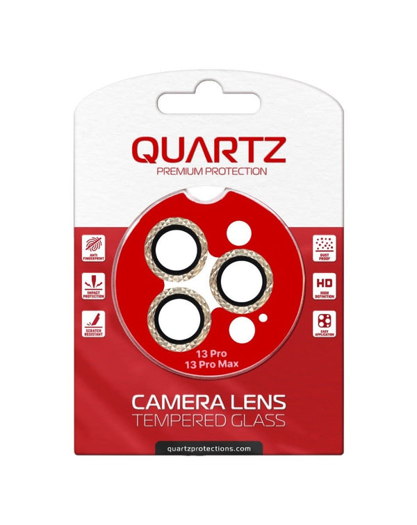 QUARTZ HD Tempered Glass with Iced Out Square Camera Lens for iPhone 13 Pro Max / 13 Pro Back Camera (GOLD) - Banana Cellular Solutions
