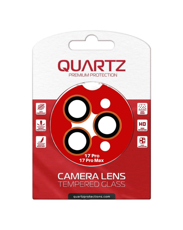 QUARTZ HD Tempered Glass with Metal Ring for iPhone 17 Pro / 17 Pro Max Back Camera (BLACK & ORANGE) - Banana Cellular Solutions