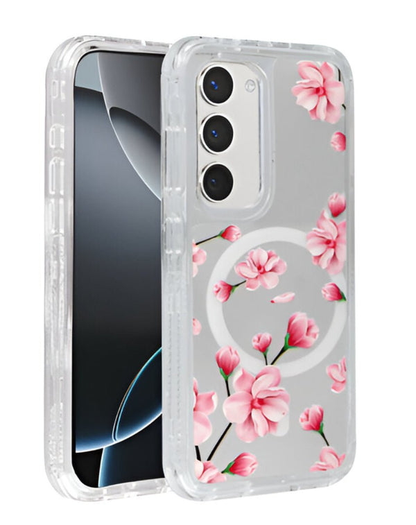Flower Design Transparent Case with Wireless Charger for Galaxy S23 Plus (Only Ground Shipping) - Banana Cellular Solutions