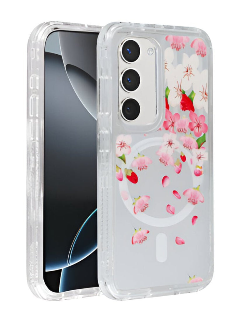 Flower Design Transparent Case with Wireless Charger for Galaxy S23 Plus (Only Ground Shipping) - Banana Cellular Solutions