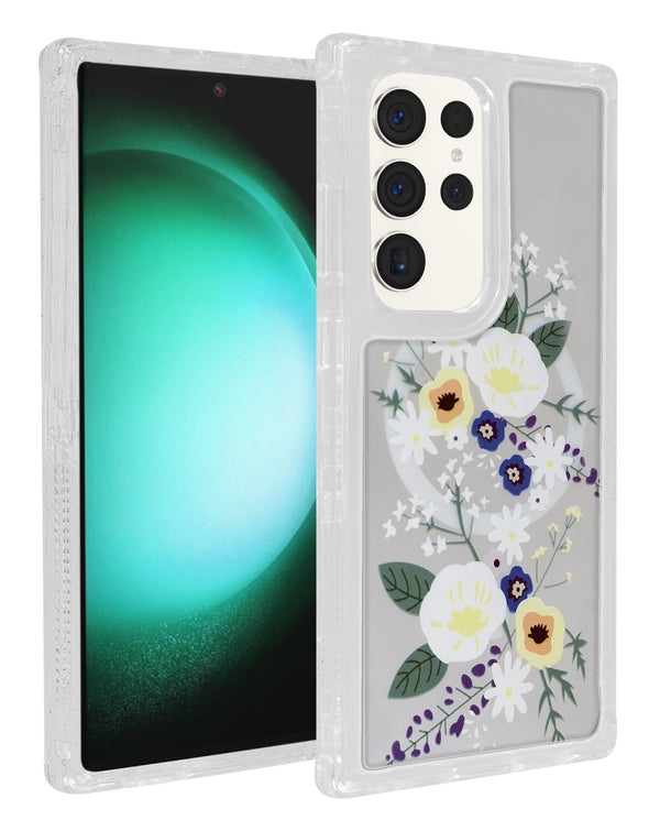 Flower Design Transparent Case with Wireless Charger for Galaxy S23 Ultra (Only Ground Shipping) - Banana Cellular Solutions