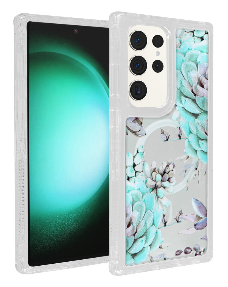 Flower Design Transparent Case with Wireless Charger for Galaxy S23 Ultra (Only Ground Shipping) - Banana Cellular Solutions